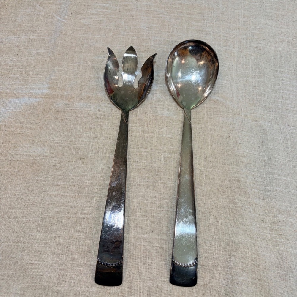 Royal Hickman Silverplate Salad Servers Set Mid Century Modern Beaded Rim 12.5in